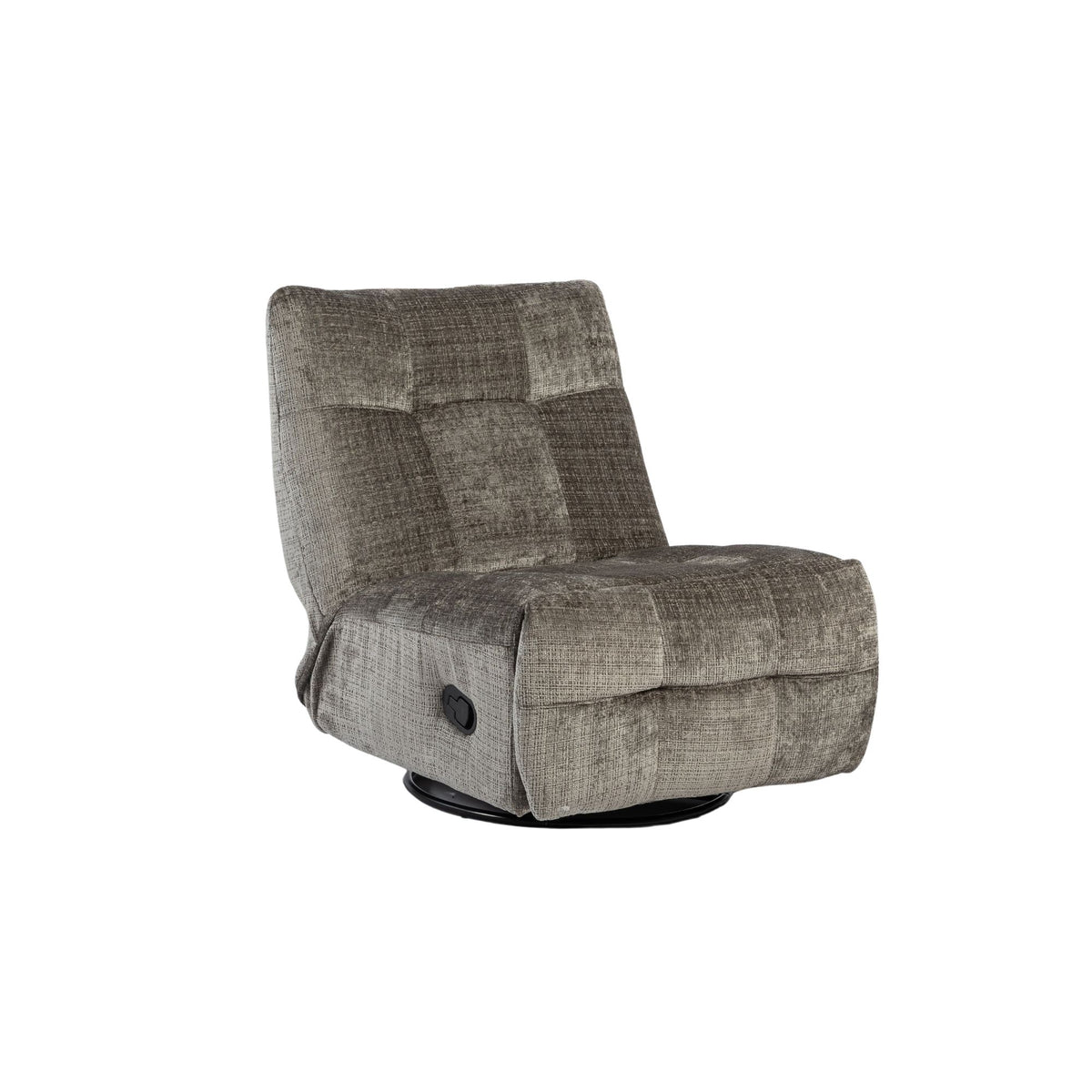 Grijze relaxfauteuil met opengeklapte voetsteun en ronde onderstelbasis