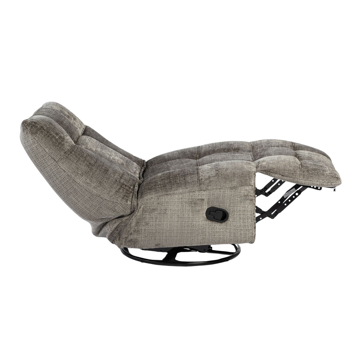 Grijze relaxfauteuil met opengeklapte houding, zwarte knop en metalen onderbouw
