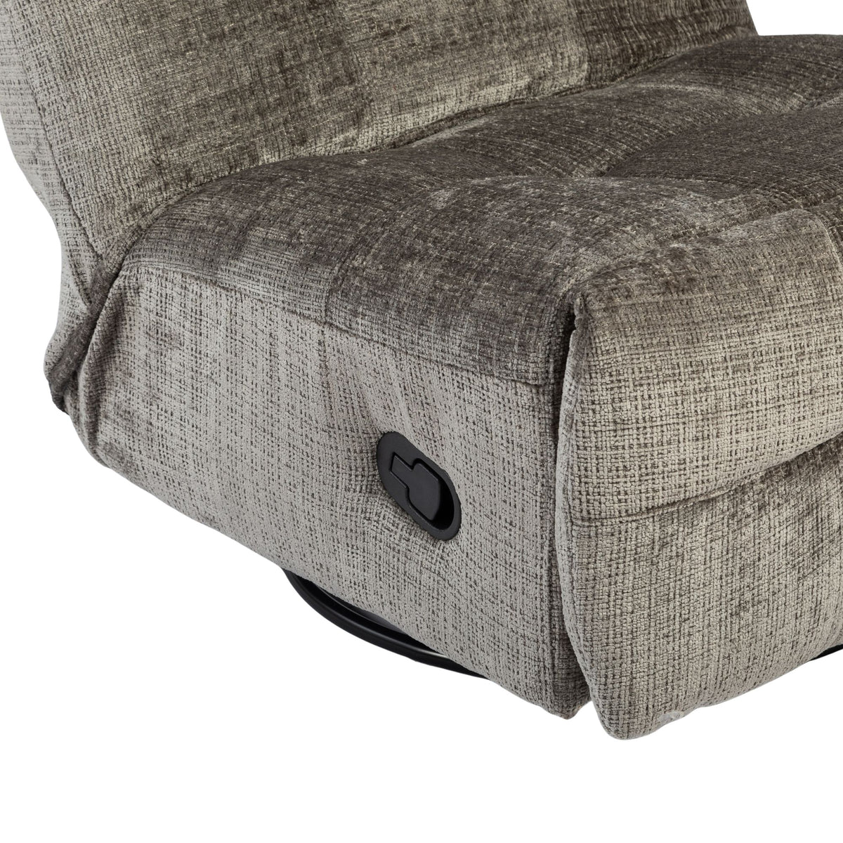 Grijze fauteuilzijkant met zwarte bedieningsknop en zichtbare verstelmechaniekdelen