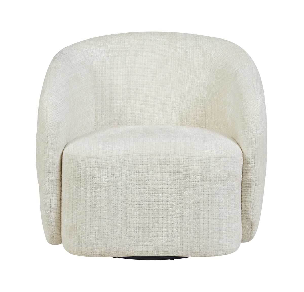 Fauteuil Yara, gebroken-wit gestoffeerde fauteuil frontaanzicht met ronde armleuningen