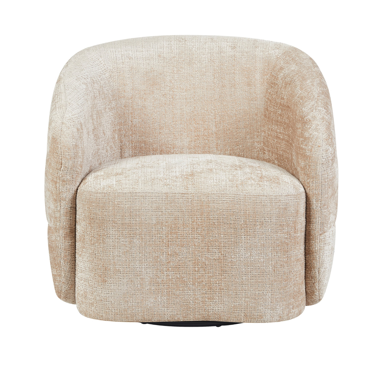 Beige gestoffeerde fauteuil, zicht op ronde rug en zitting met smalle naden en zachte bekleding.
