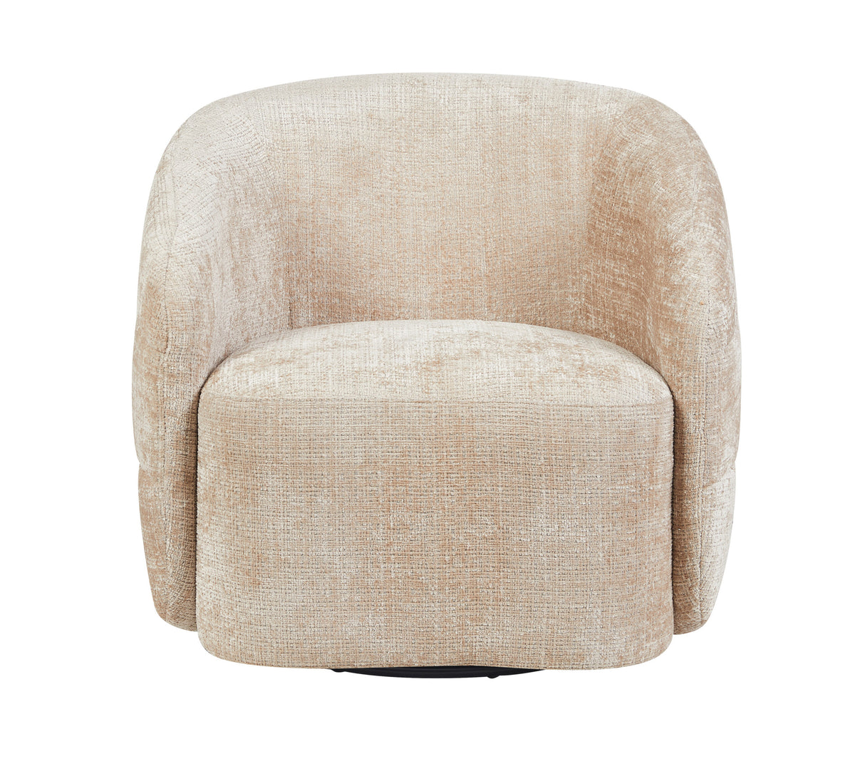 Beige gestoffeerde fauteuil van voren, met ronde rug, stevige zitting en brede, afgeronde armleuningen.