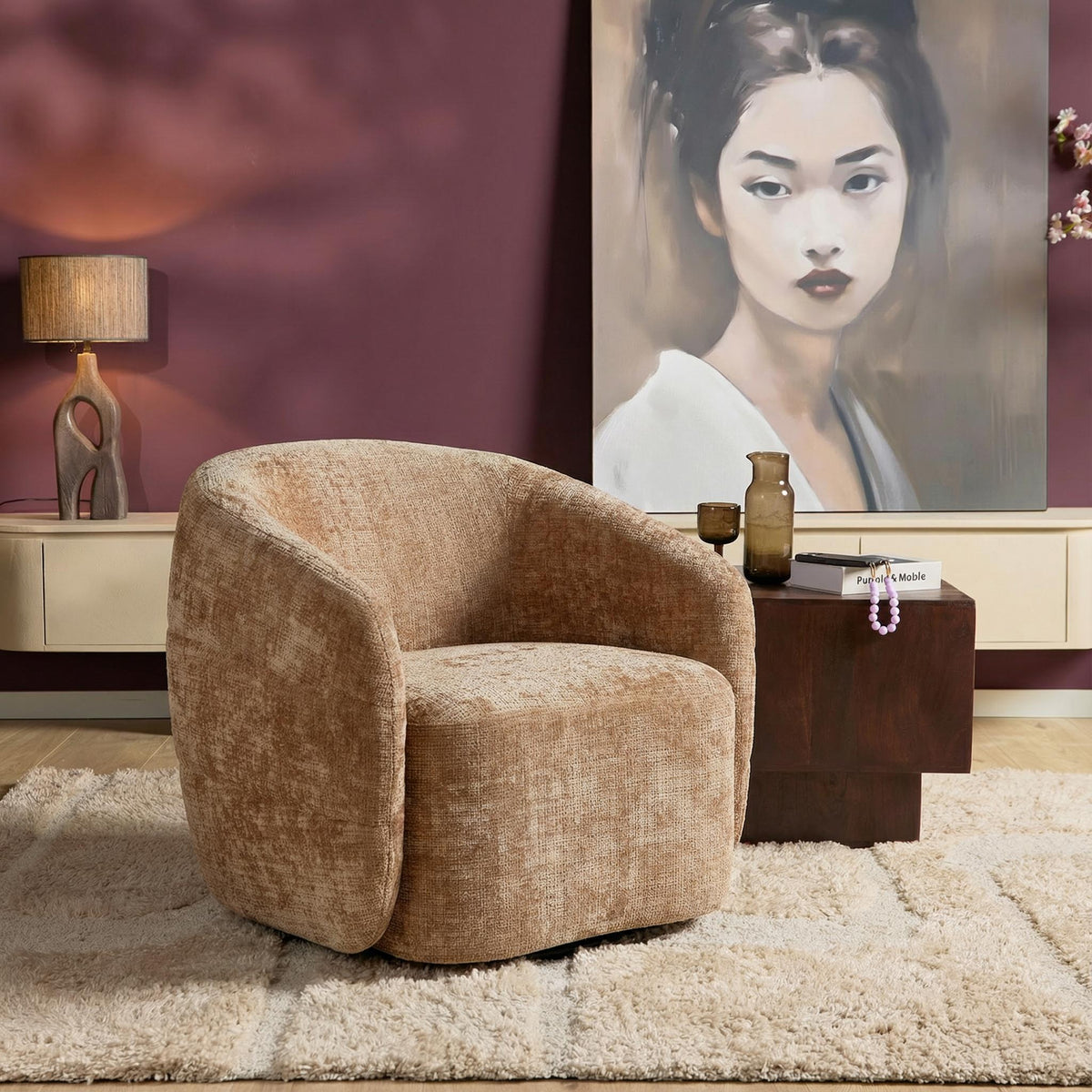 Leunstoel met ronde rug en armleuningen, beige geweven stof, korte poten