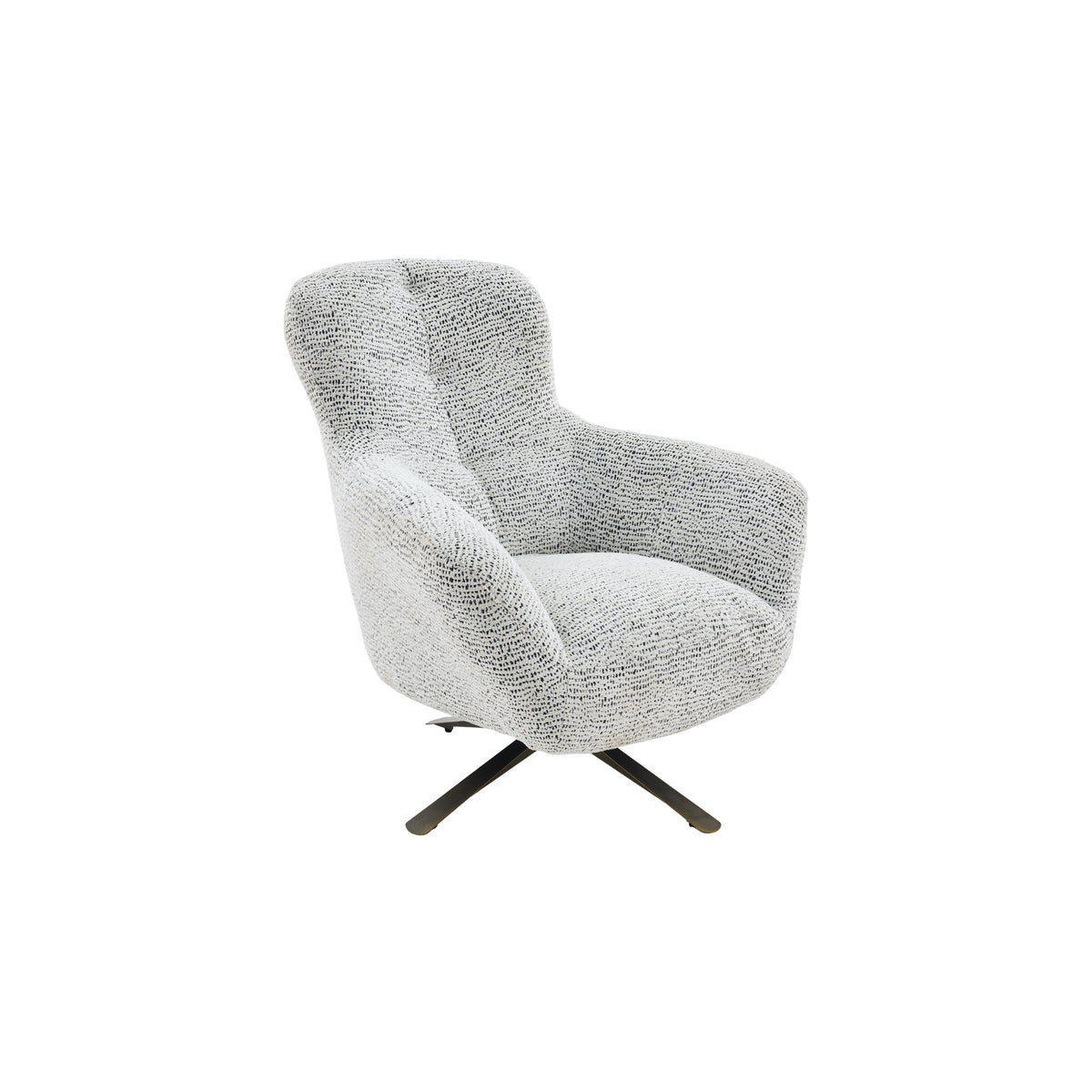 Draaibare fauteuil 3/4 vooraanzicht, beige bouclé bekleding en ronde rug
