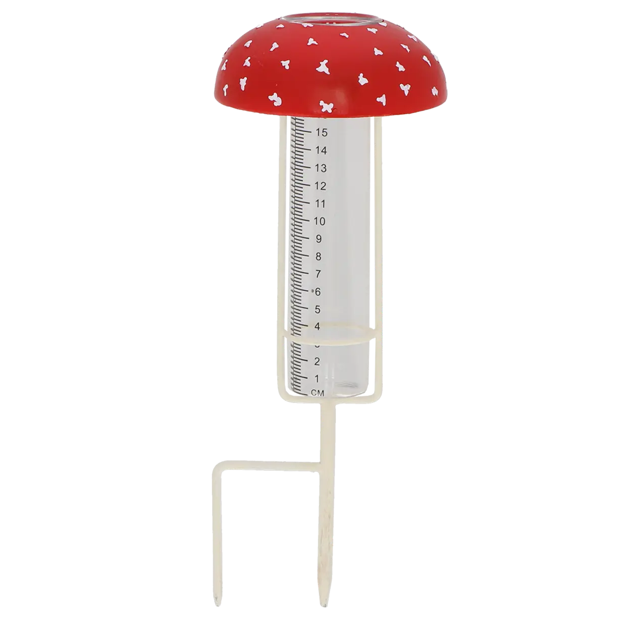 Vliegenzwam regenmeter met rode dop, transparante meetbuis met schaal en witte staanders