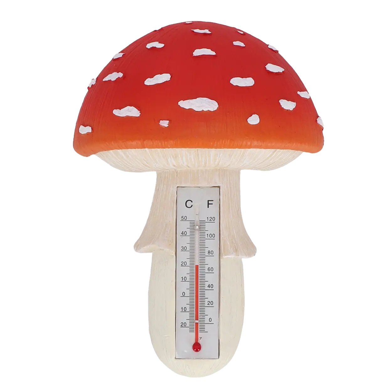 Vliegenzwam-thermometer met rode dop en witte stippen, met thermometer in grijze steel