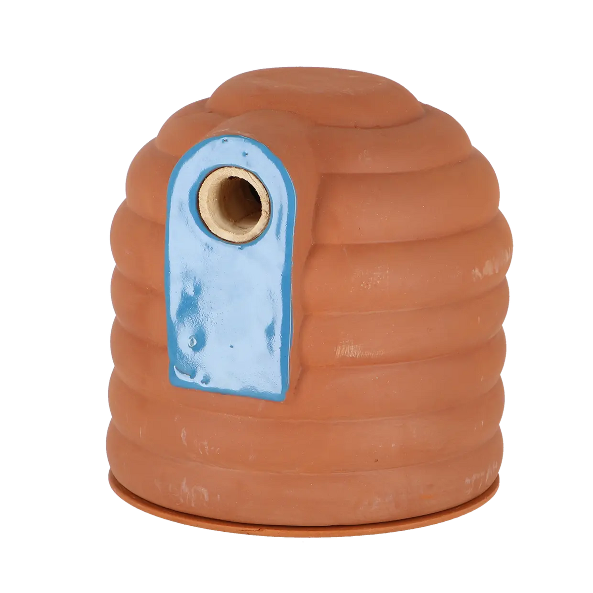 Terracotta hommelpot met blauwe omlijsting en ronde opening aan de zijkant