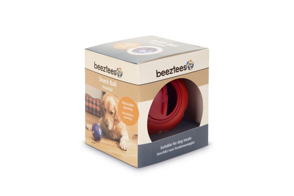 Beeztees snackbal verstelbaar, rode bal in kartonnen verpakking met hondenafbeelding