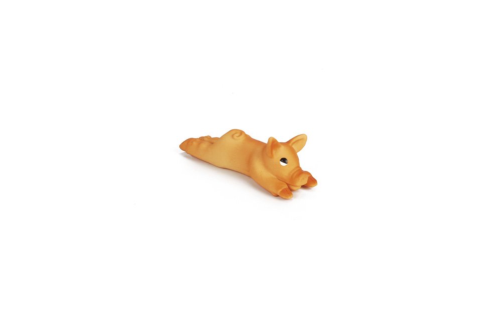 Mini latex biggetje, oranje liggend varkentje met kop en snuit zichtbaar.