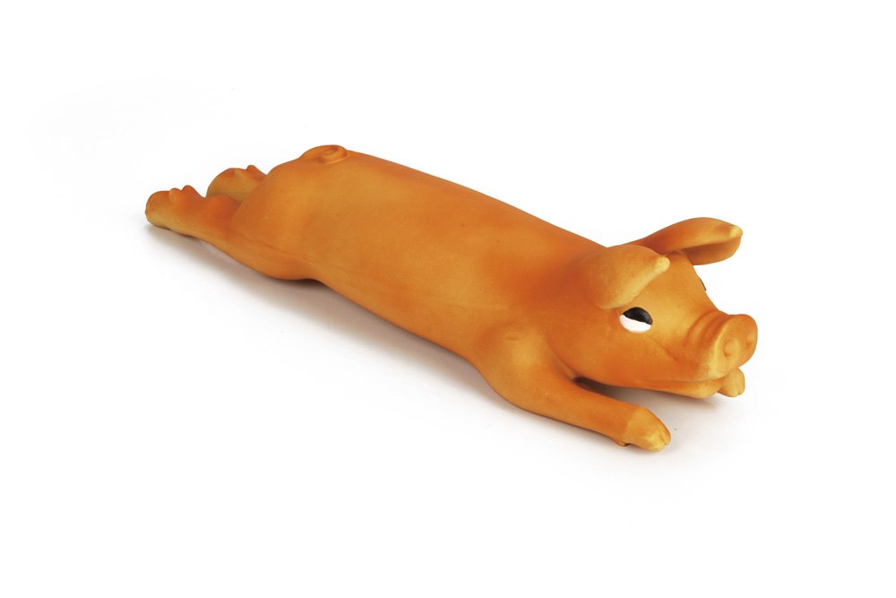Groot latex biggetje speelgoed, oranje, met ronde oogopening en opstaande oren