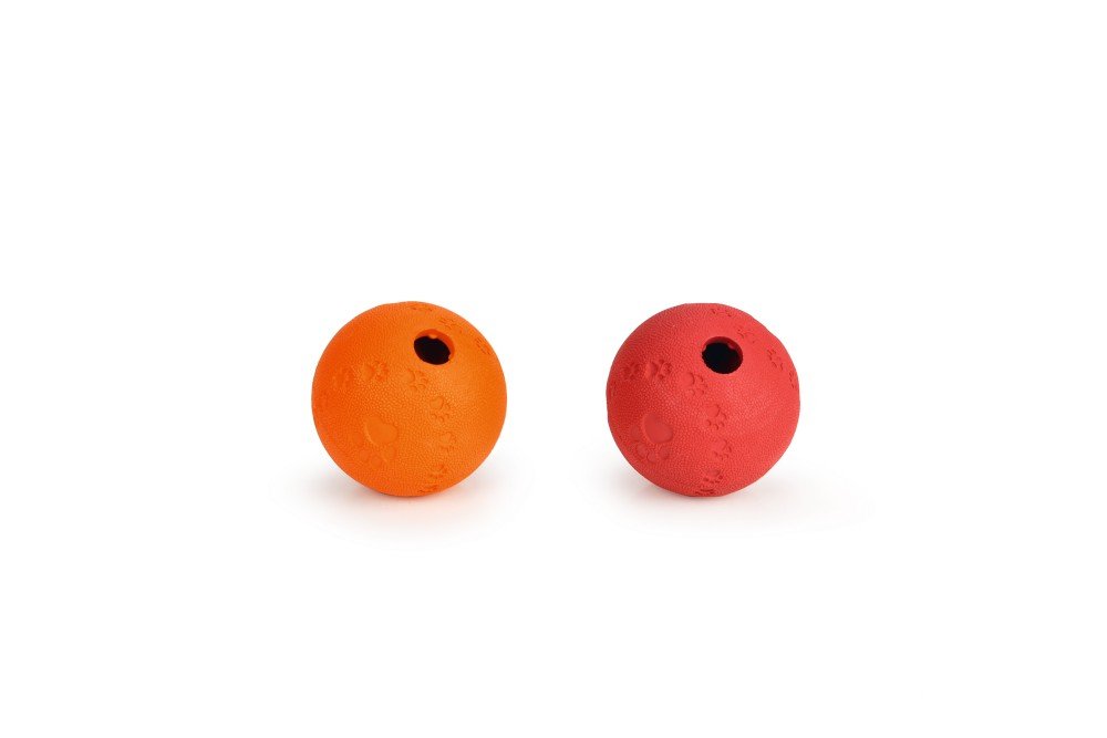Rubberen snackbal met noppen, oranje en rode bal met gat