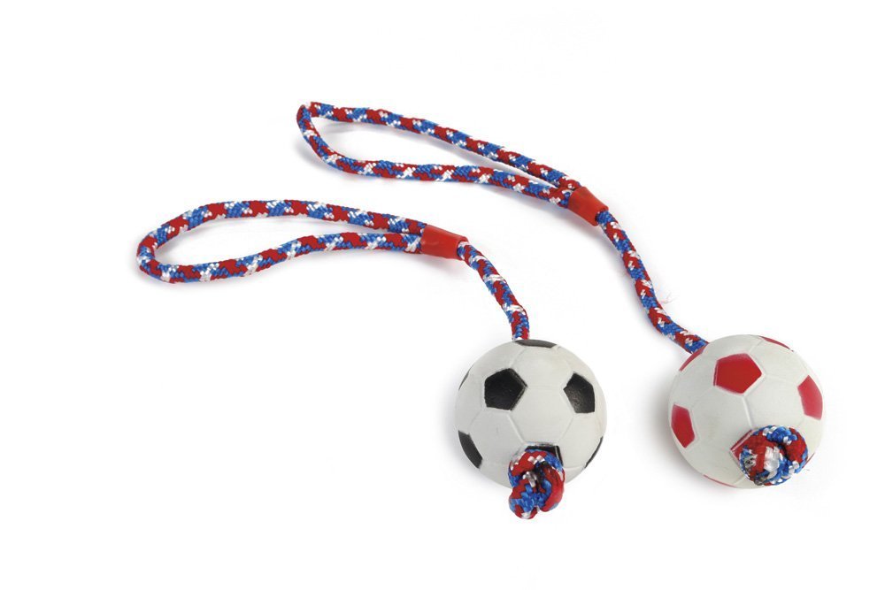 Rubberen sponsenbal met voetbalprint aan touw, blauw-rood detail