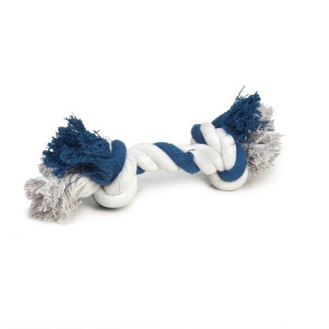 Hondenflos speelgoed van gevlochten touw, blauw-wit met knopen en pluimen