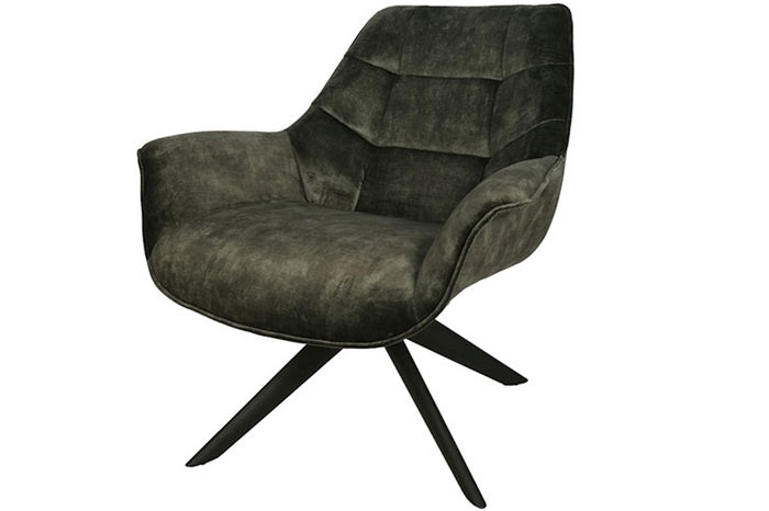 Groene fauteuil met gestoffeerde armleuningen, knusse rug en zwarte draaipoten