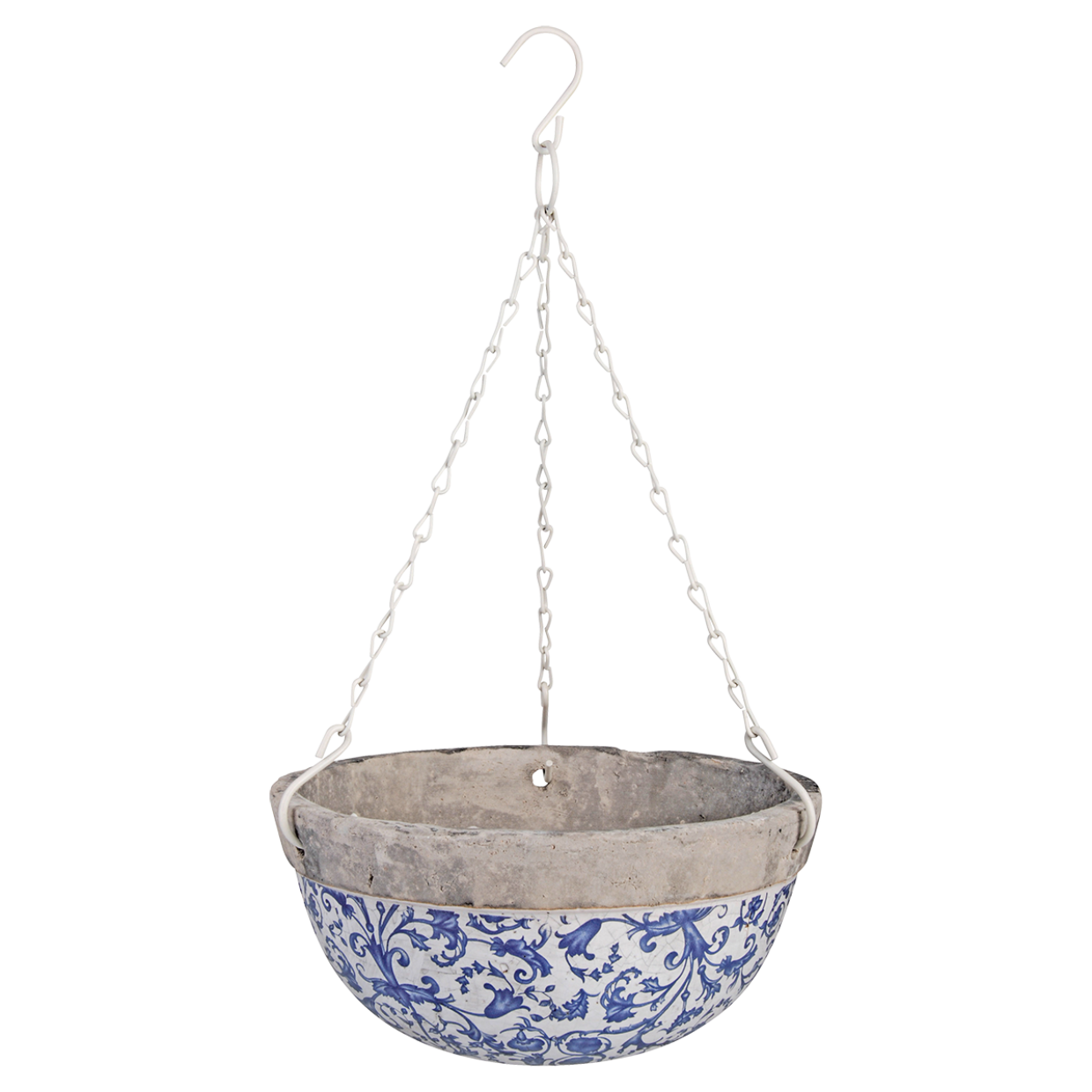 Hangende keramische mand met blauw-wit patroon en metalen ophangkettingen