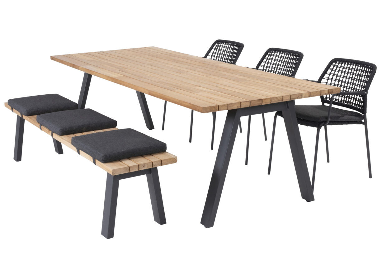 Antraciet dining-set met tafel, diningstoelen en kussens; houten blad en rechte poten