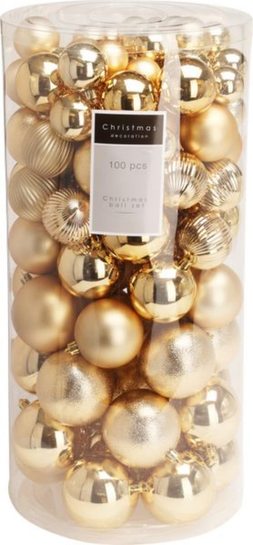 Kerstballen van kunststof, 100 stuks, goudkleurige kerstdecoratie in doorzichtige verpakking