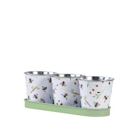 Esschert Design - Drie potjes op tray met bijenprint