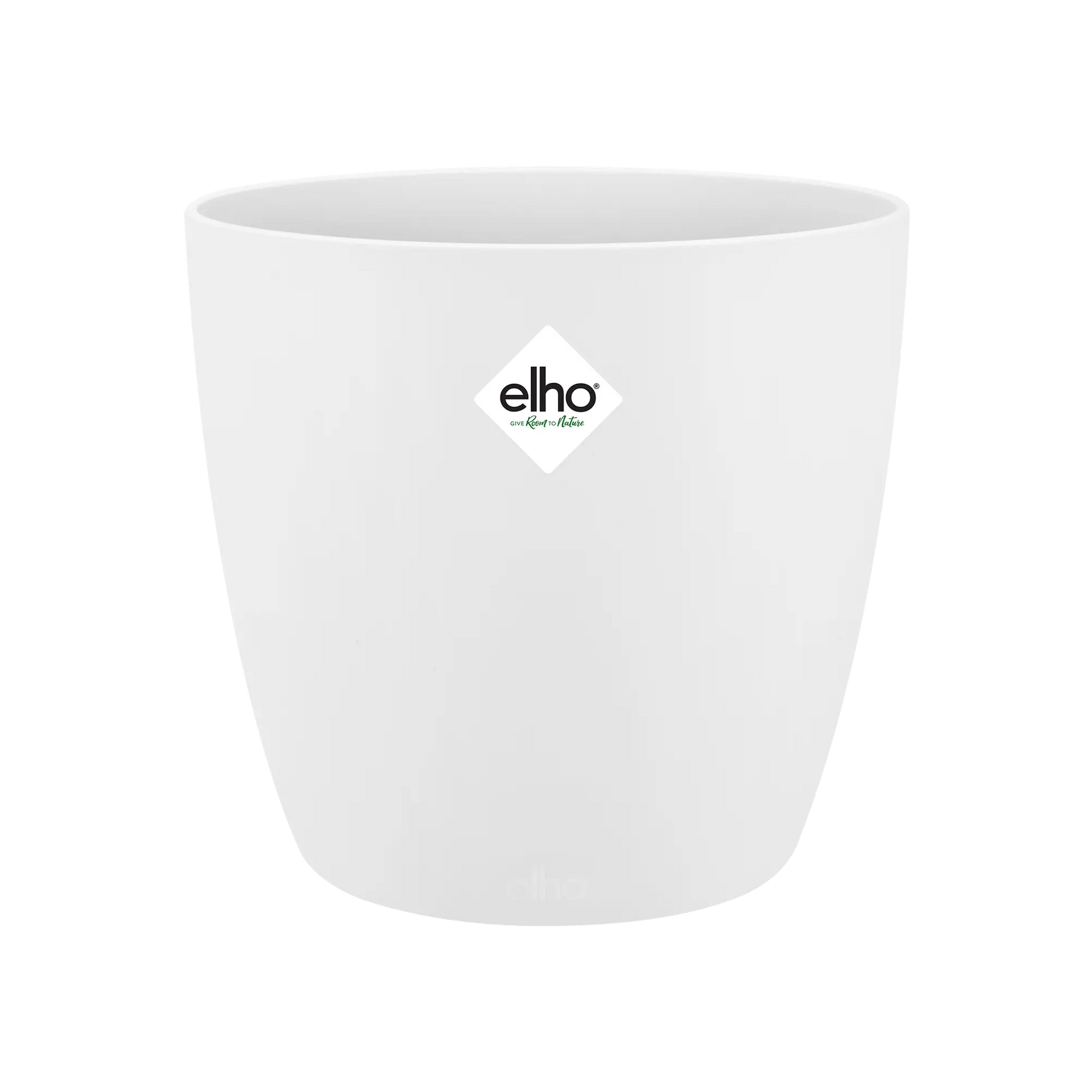 Witte ronde bloempot met elho-logo in het midden