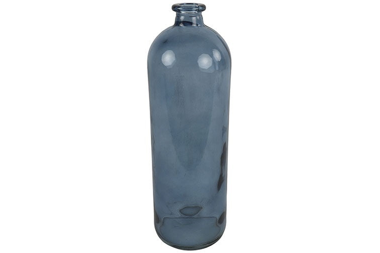 Donkerblauwe glazen fles met smalle hals en dop
