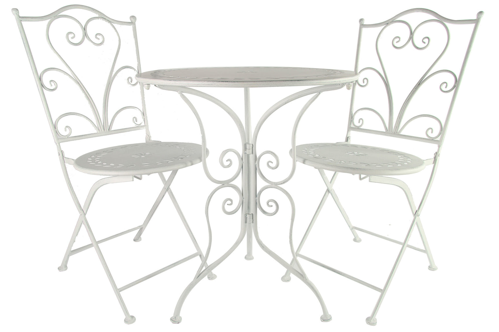 Witte metalen bistroset met ronde tafel en twee krullerige stoelen