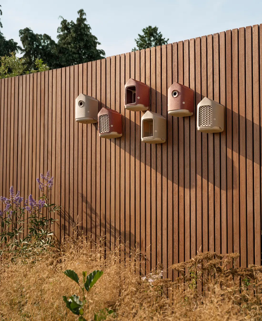 Beige vogelvoerhuisjes aan houten schutting, meerdere exemplaren in groep