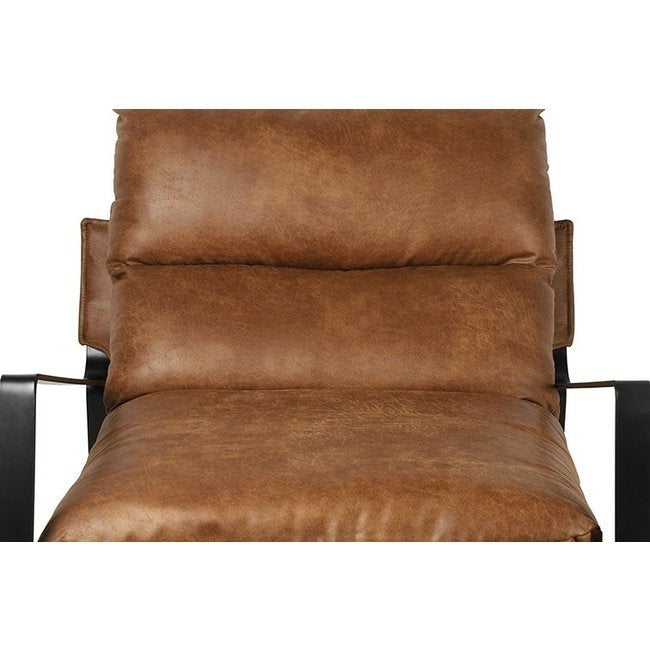Cognac leren fauteuilrug met dikke kussens en zwarte metalen zijkanten