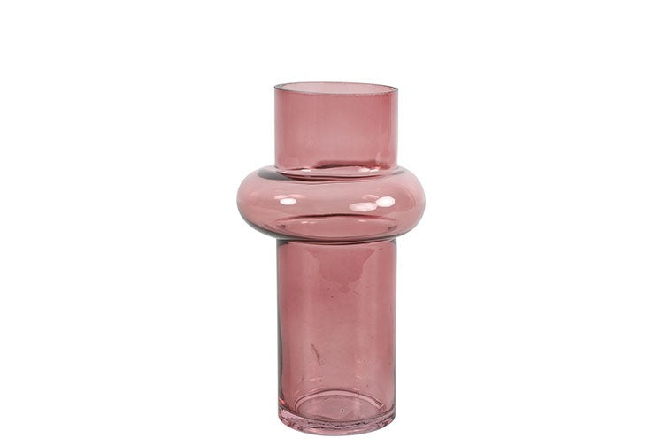 Roze glazen vaas met ronde flessenhals en brede opening, stevige voet