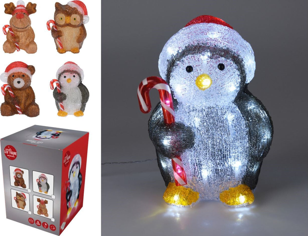 Decoratief kerstdier met led: pinguïn met muts, glanzende vacht en candy cane
