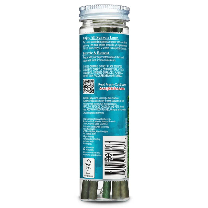 Geurstokjes voor kerstboom, achterzijde fles met tekst en barcode