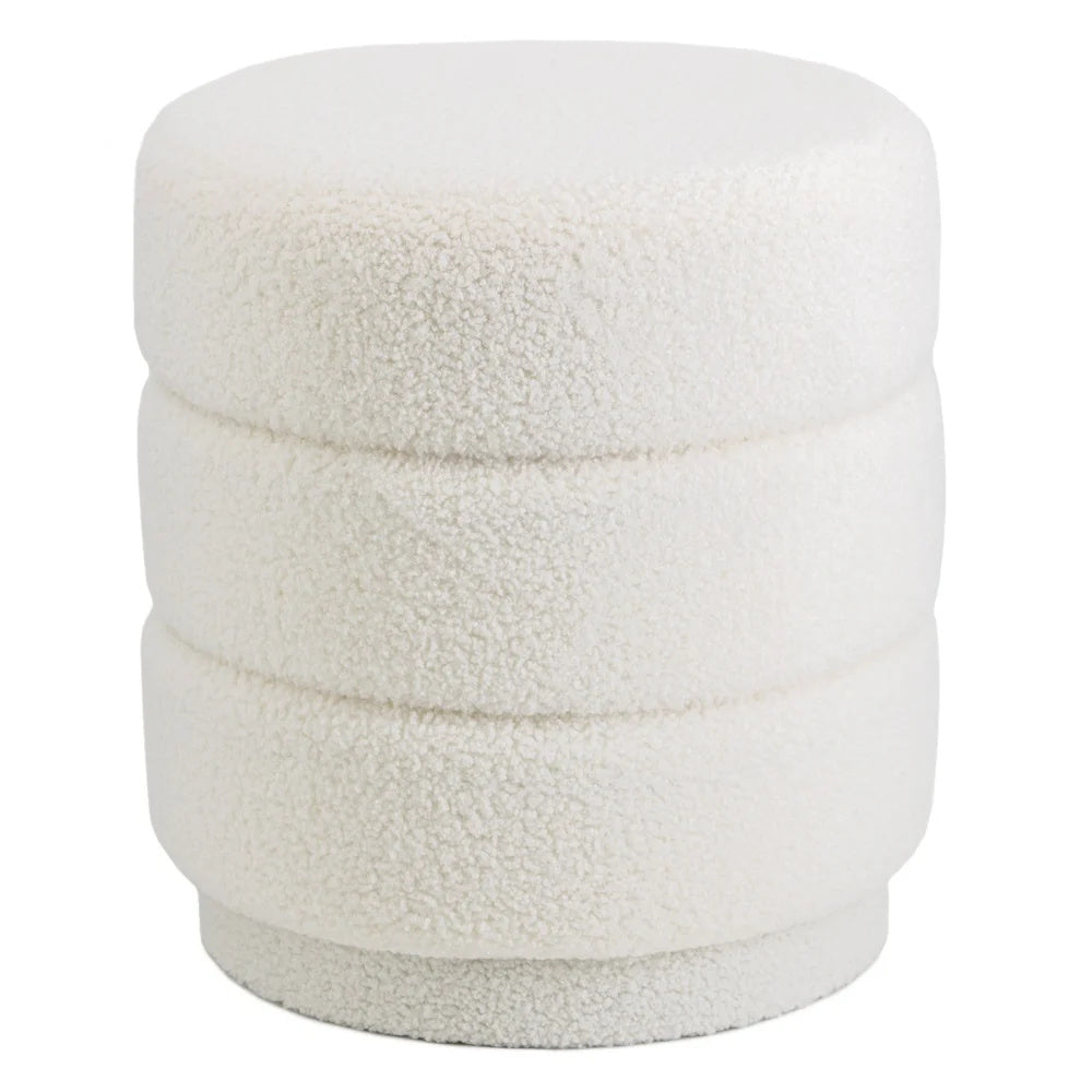 Teddy poef met ronde zitting, naturel beige stof, gestikte ringen