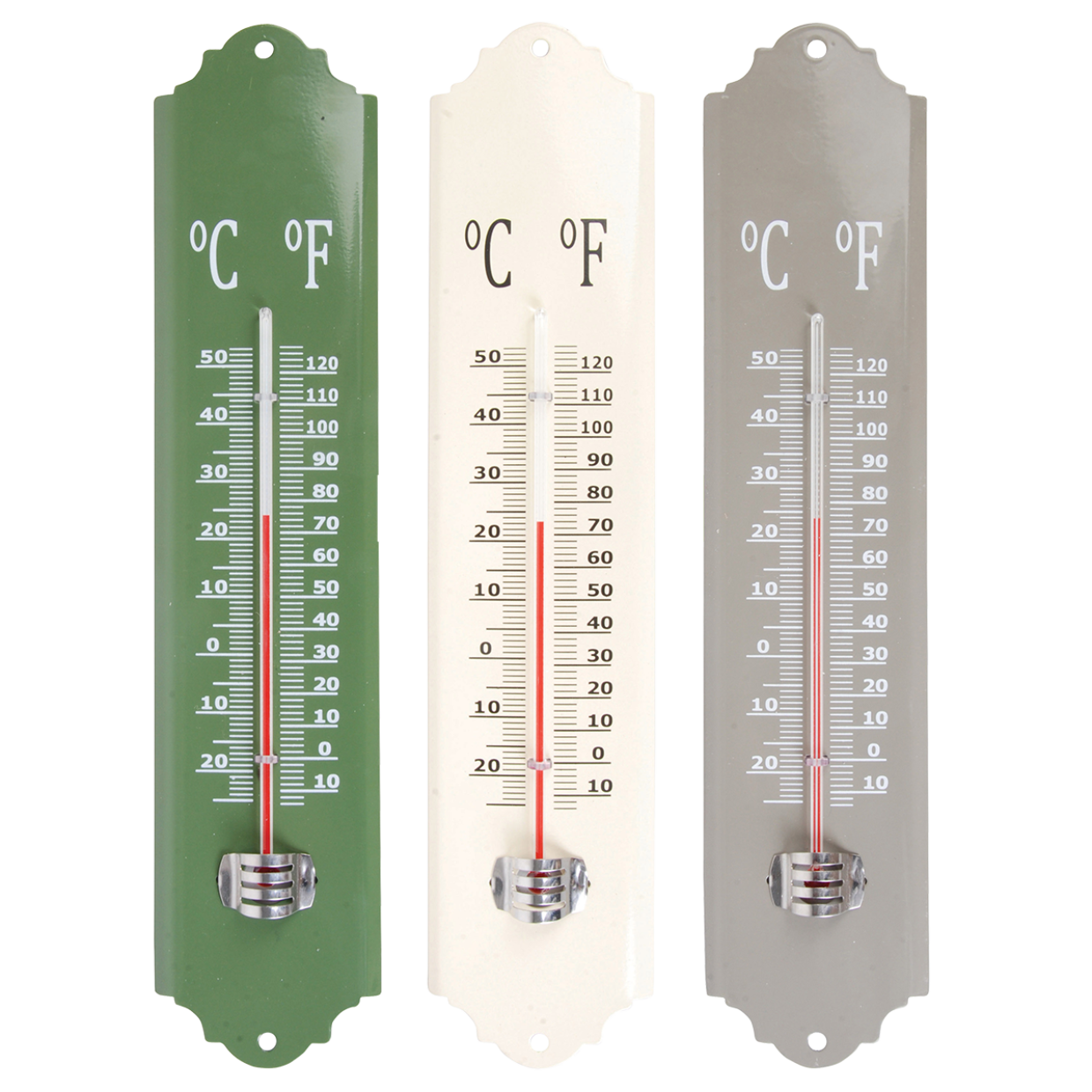 Metalen thermometer met °C/°F schaal, drie kleurvarianten: groen, wit en grijs.