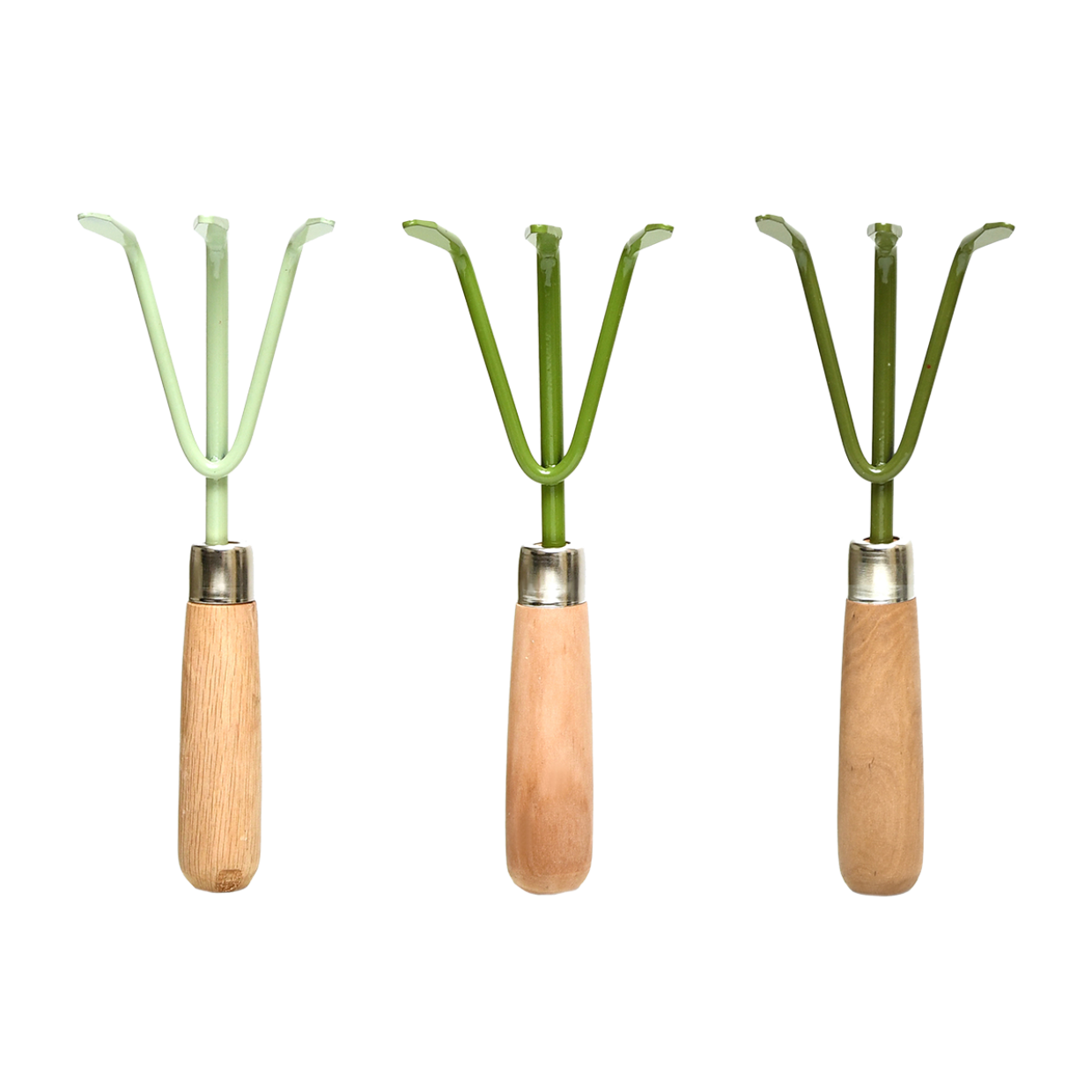 Esschert design handharkje met drie groene tanden en houten greep