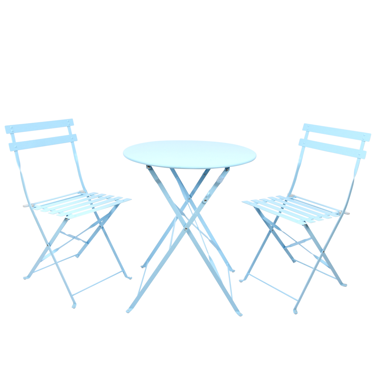 Blauwe metalen bistroset met ronde tafel en twee stoelen, kruisframes