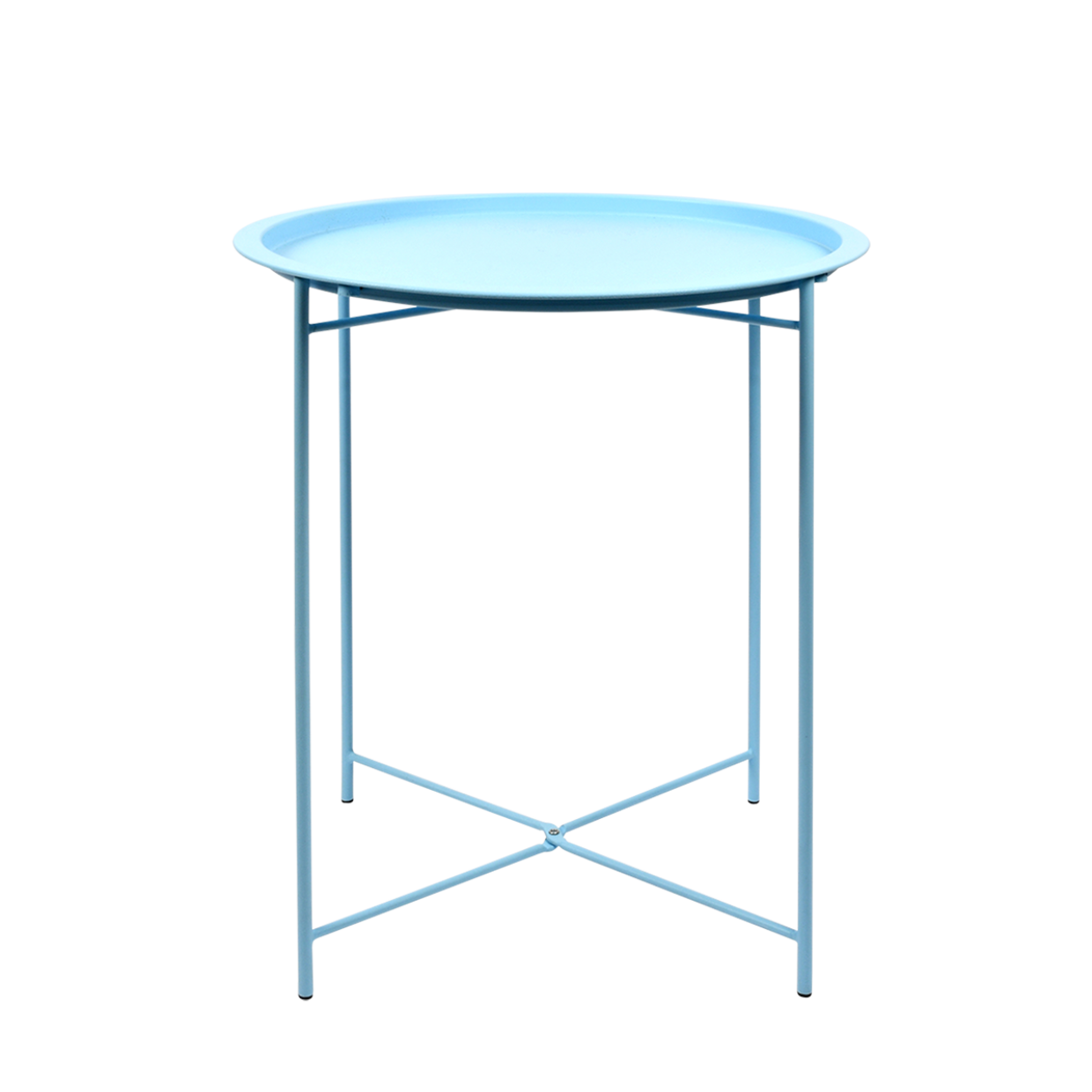 Blauwe ronde bijzettafel met metalen frame en kruisschoren onderstel