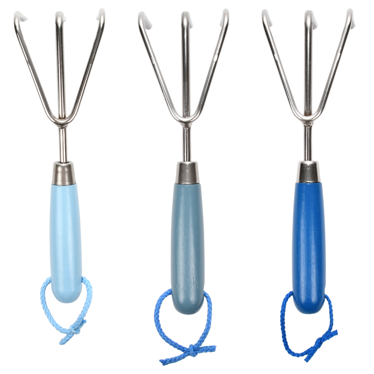 Handharkje met blauw handvat, metalen drie tanden en ophanglus