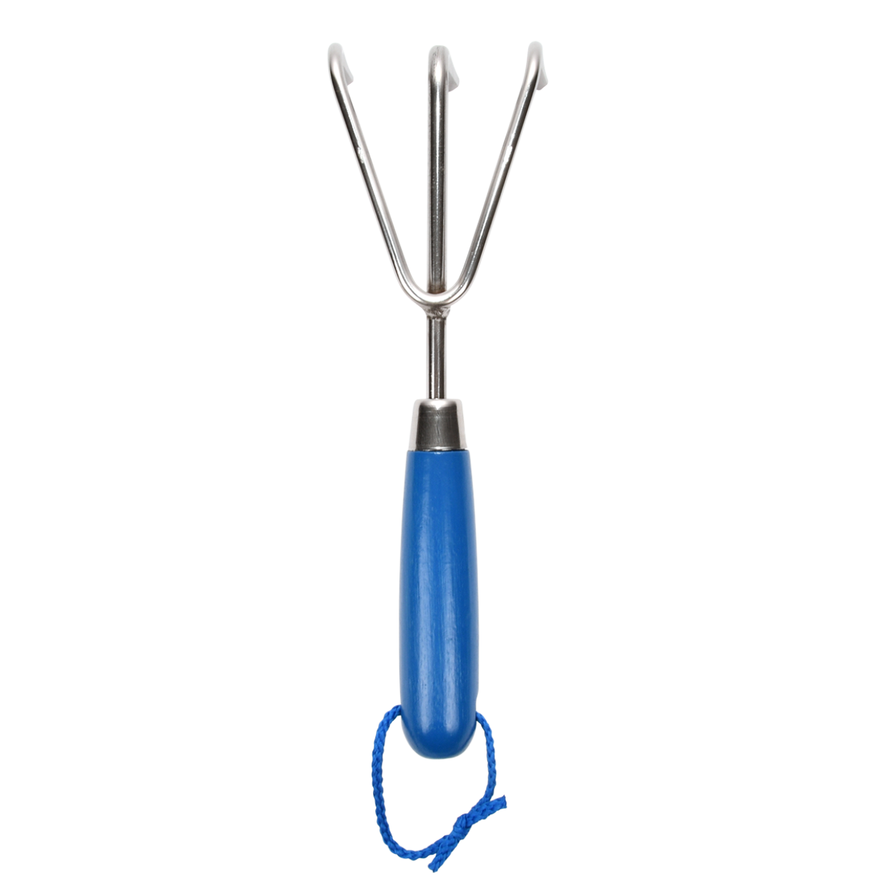 Handharkje met blauw handvat, metalen drie tanden en ophangkoord
