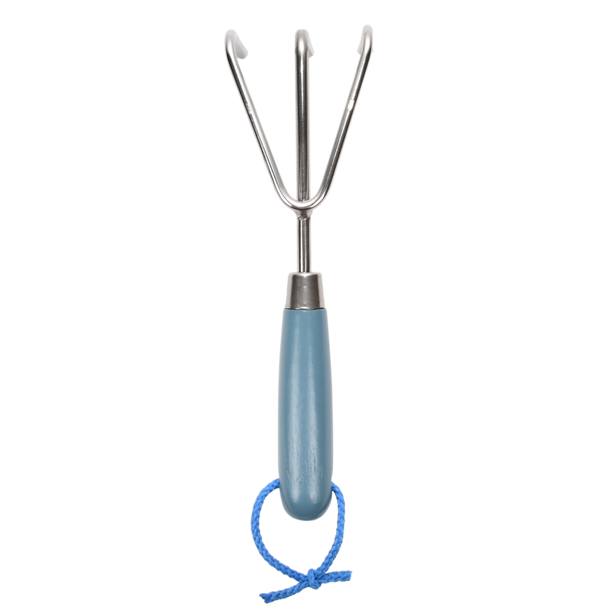 Handharkje met blauw handvat, metalen drie tanden en ophanglus