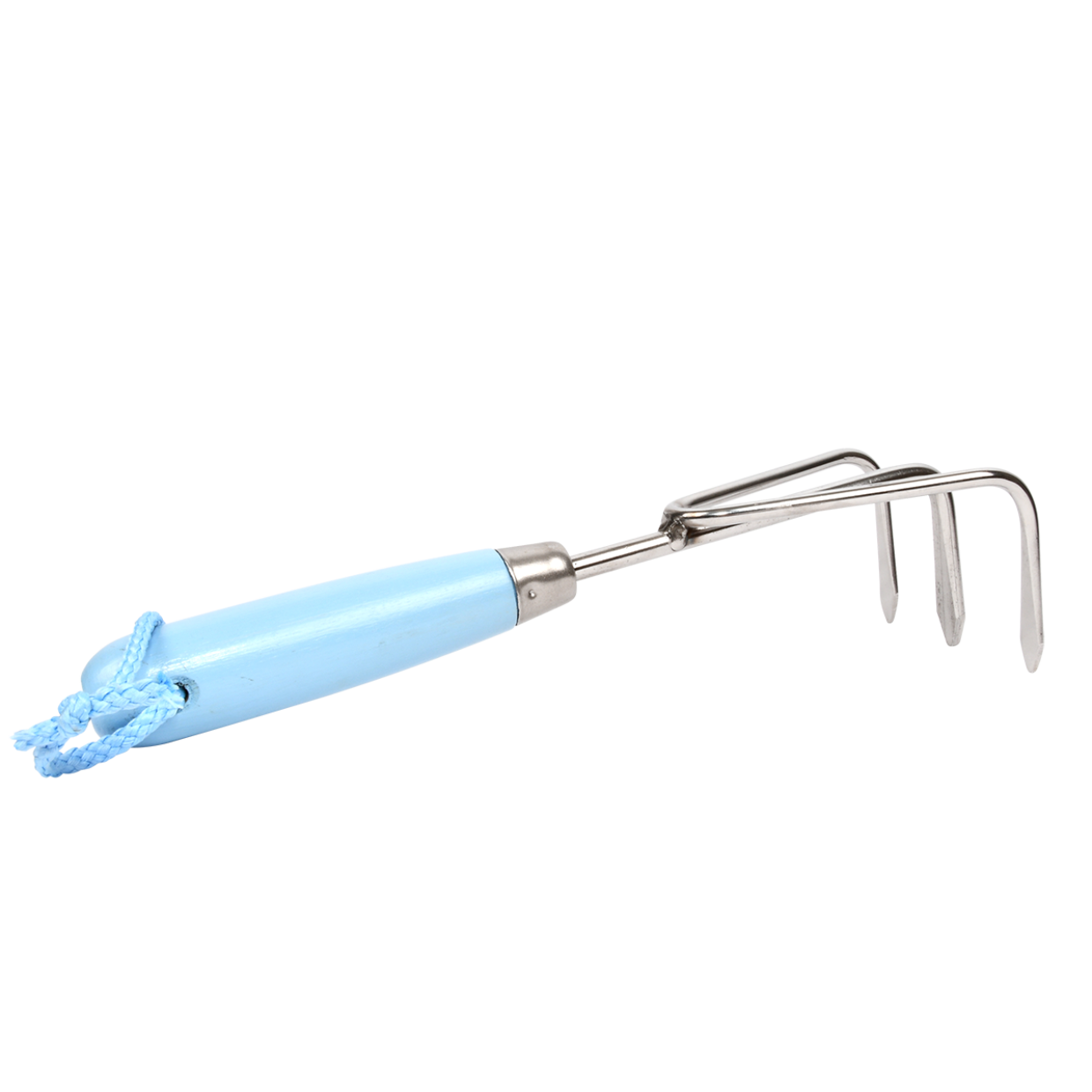 Handharkje met blauw handvat en metalen drie tanden, ophanglus met koord