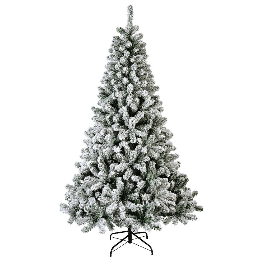 Kunstkerstboom met dicht gevulde grijsgroene takken en witte sneeuwaccenten