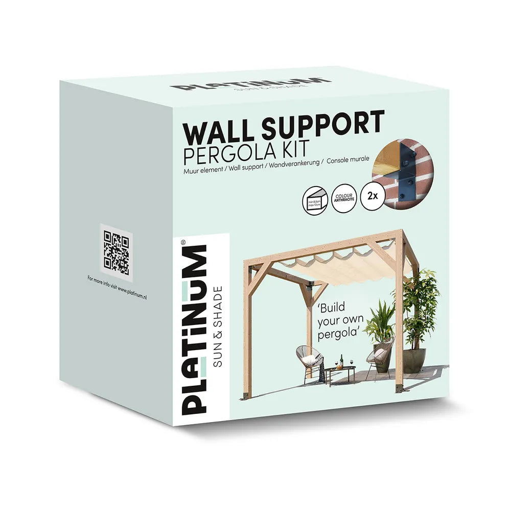 Verpakte wandsteun voor pergola kit met zwarte beugels en bevestigingsmateriaal