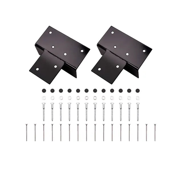 Metalen verbindingsbeugels met schroeven en bouten, zwart, voor pergola-aansluiting.