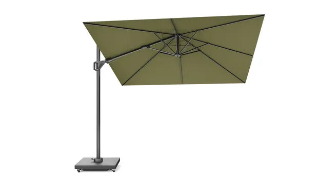 Zweefparasol met groene doek, vierkante 300x300 vorm en staander met voet