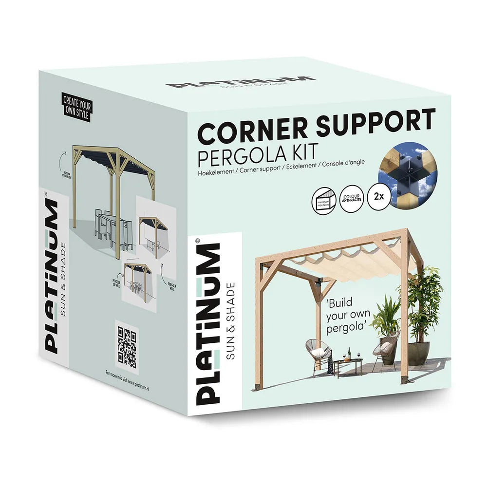 Verpakkingsdoos met pergola hoeksteun kit van Platinum, met afbeelding van pergola