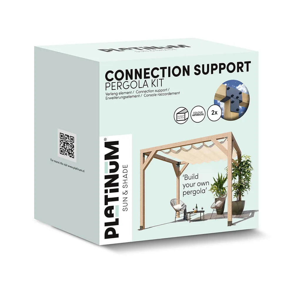 Doos met verbindingssteun voor pergolak it Platinum, met montage-illustratie.