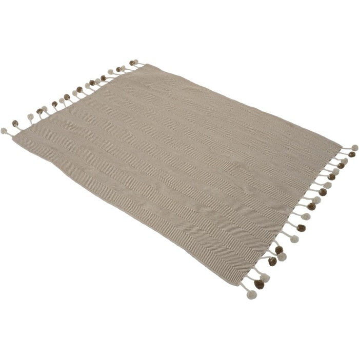Bruin plaid met visgraatpatroon en ronde pompons aan de hoekrand