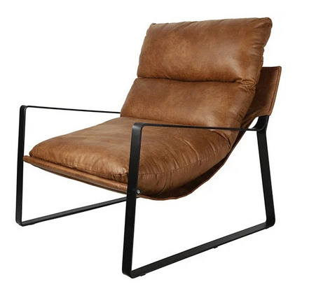 Cognac leren fauteuil met brede armleuning en zwarte metalen onderstel
