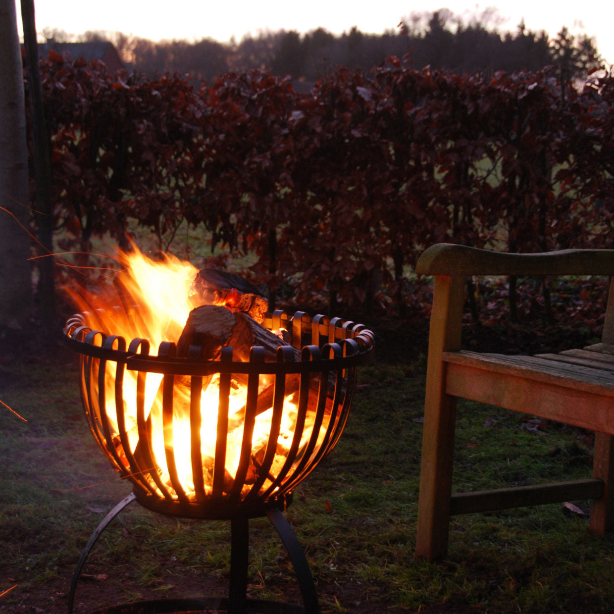 Tulpvormige vuurkorf met brandende vlammen, zwarte metalen spijlen en houtblokken