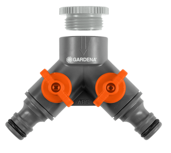 Gardena 2-wegstuk 1/2" grijs met twee oranje knoppen en slang-aansluitingen