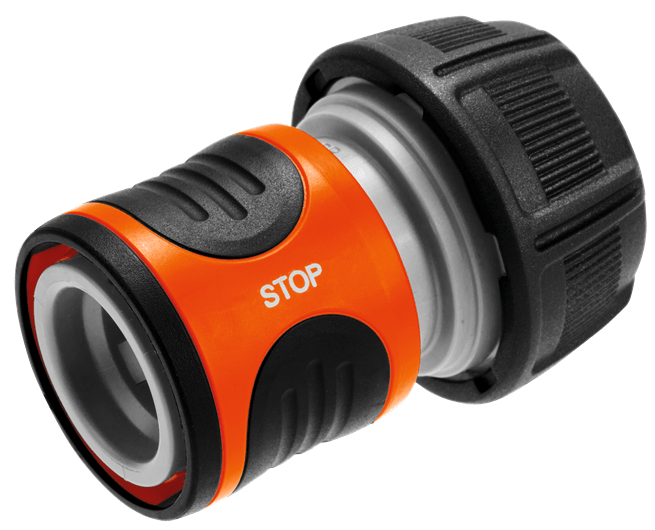 Gardena waterstopkoppeling 19 mm met oranje/zwart en grijze behuizing, met STOP-markering
